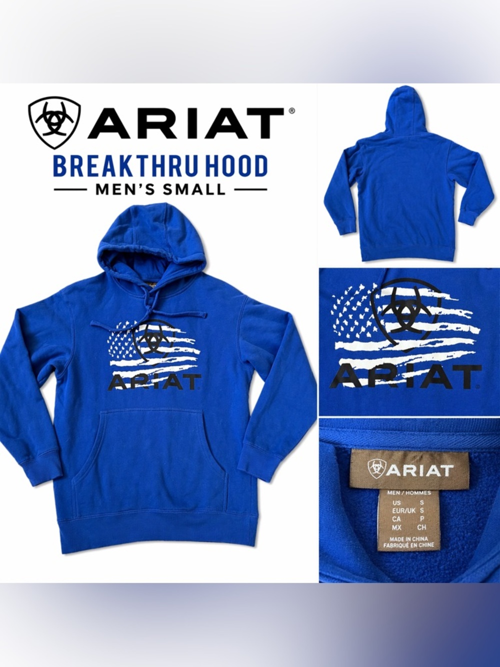 Ariat Breakthru Hood Blue American Flag Logo Pullover Hoodie Men’s Small